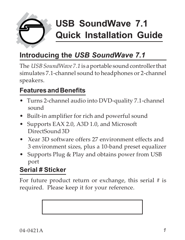 USB SoundWave 7.1 Quick Installation Guide | Manualzz