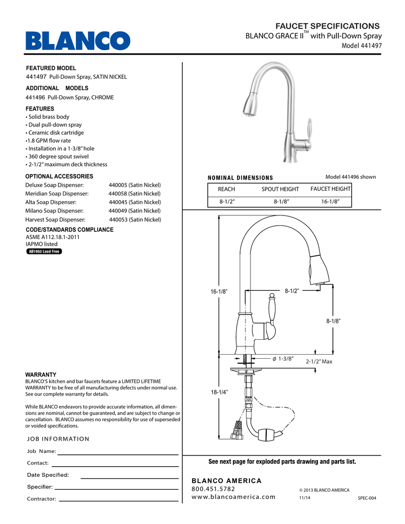 Faucet Specifications Blanco Grace Ii Manualzz