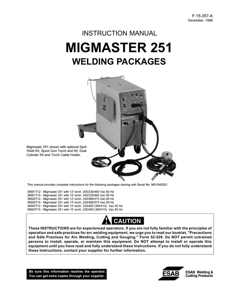 ESAB Migmaster 250 Plus Welding Packages Instruction Manual, 55% OFF