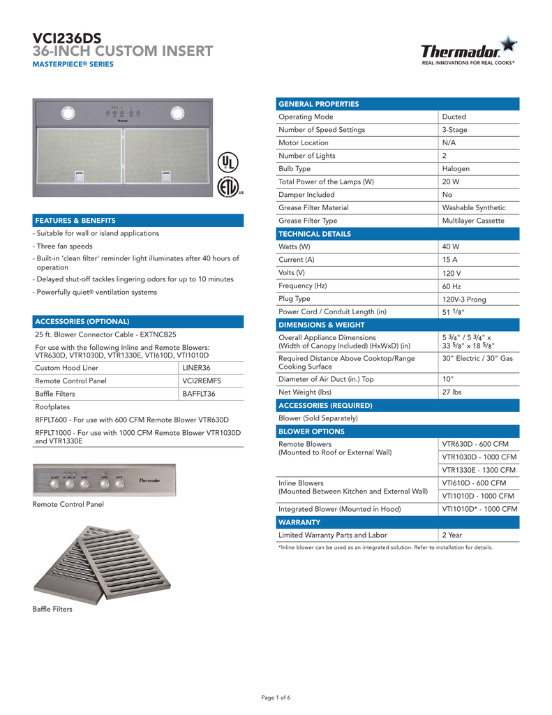 Thermador VTR1030D 1000 CFM 60Hz Remote Blower Kitchen Ventilator