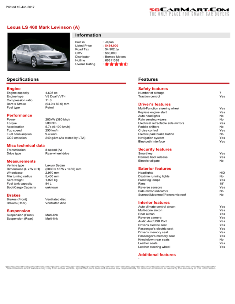 Lexus Ls 460 Mark Levinson A Information Specifications Features Manualzz