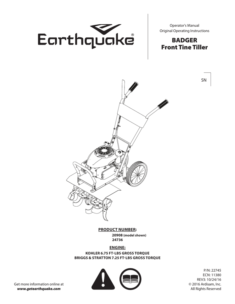 Earthquake 24736 TILLER BADGER BRIGGS 725EXI FRONT TINE Operator's Manual Manualzz