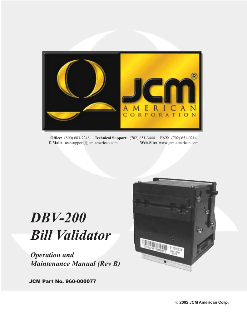 JCM DBV-20 dollar bill validator acceptor Manual PDF sent by email 