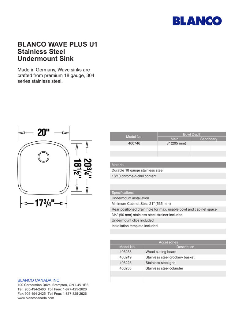 Blanco Wave Plus U1 Stainless Steel Undermount Sink