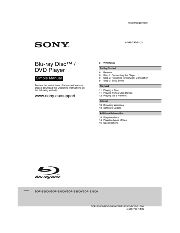 Sony BDP-S1500 Operating instructions | Manualzz