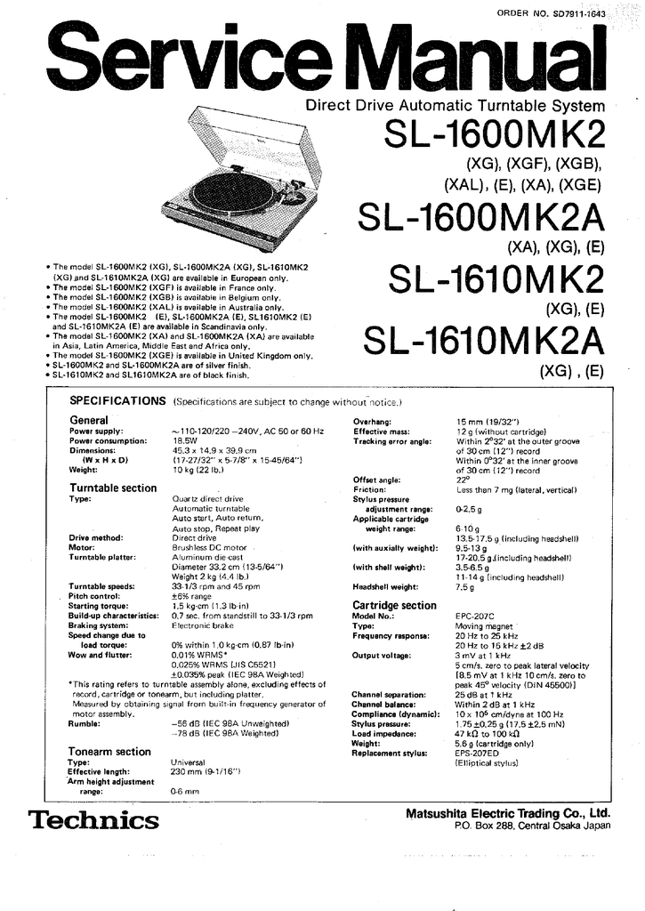 Technics Sl 1600 Mk2 Service Manual Manualzz