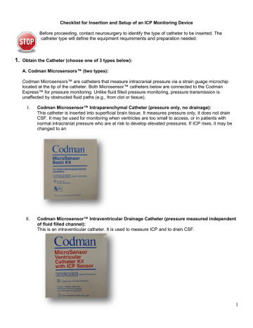 Checklist for Insertion and Setup of an ICP Monitoring Device Before