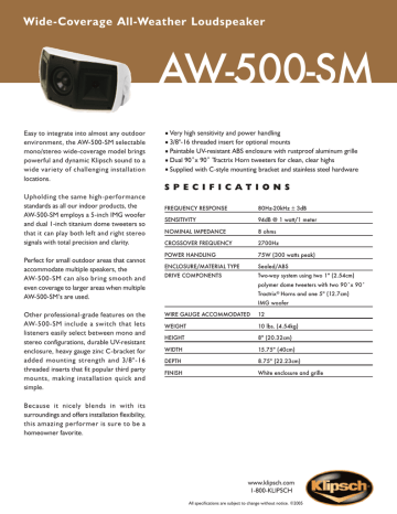 Klipsch AW-500-SM Outdoor Speaker Spec sheet | Manualzz