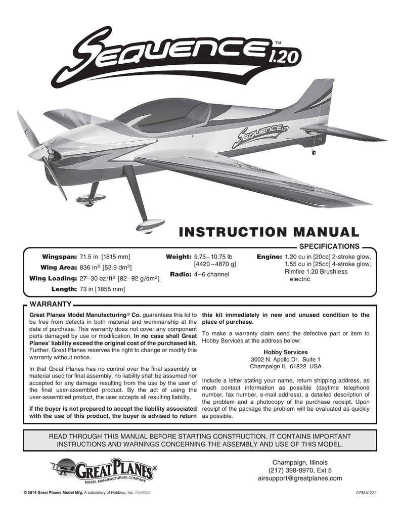 GREAT PLANES Sequence 1.20 Instruction manual Manualzz