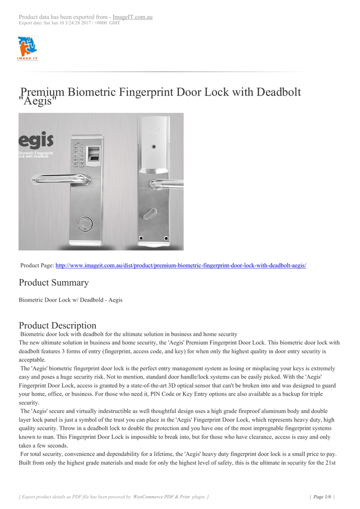 Premium Biometric Fingerprint Door Lock With Deadbolt Aegis