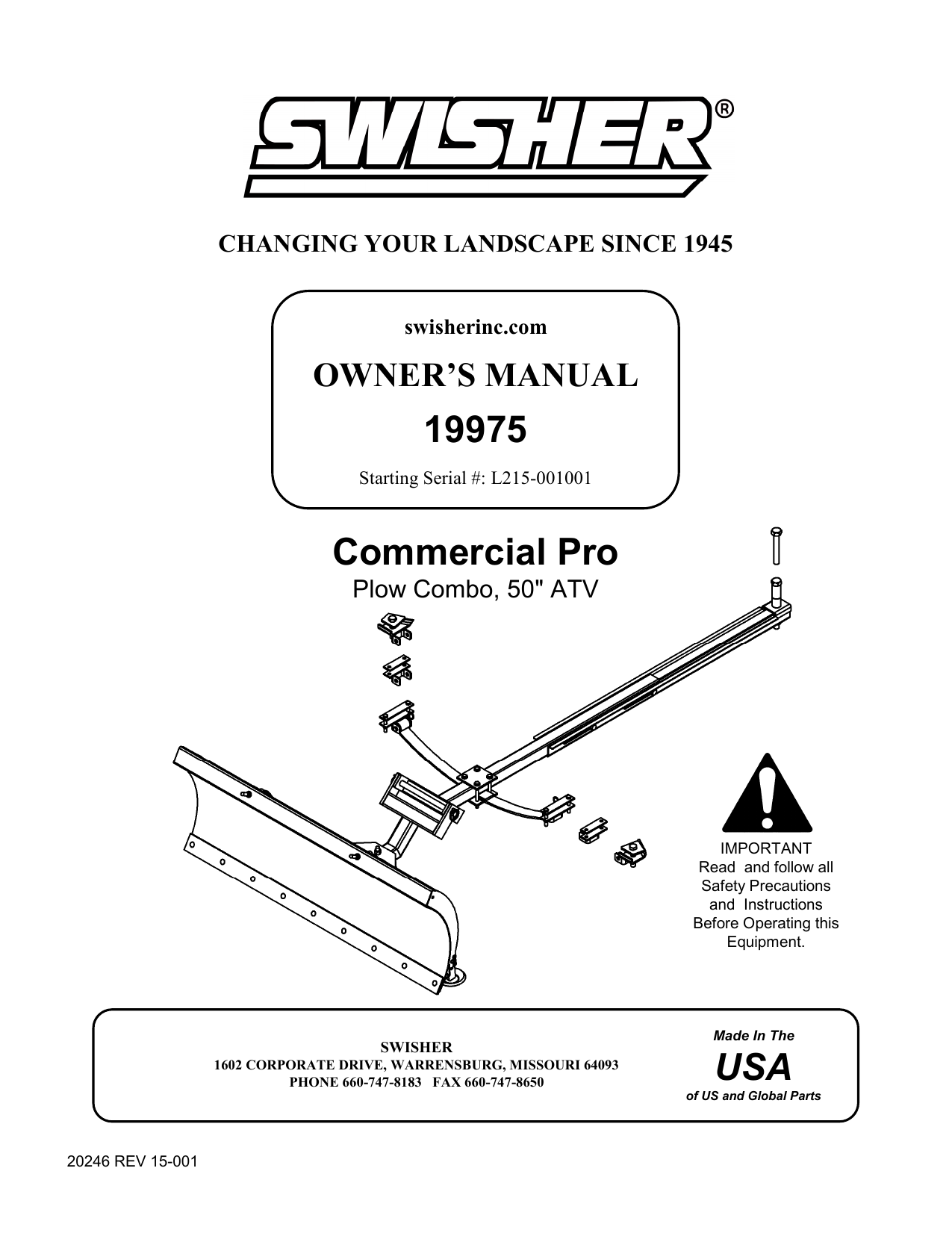 Swisher 19975 50in W x 18in H Steel Snow Plow Operating Guide Manualzz
