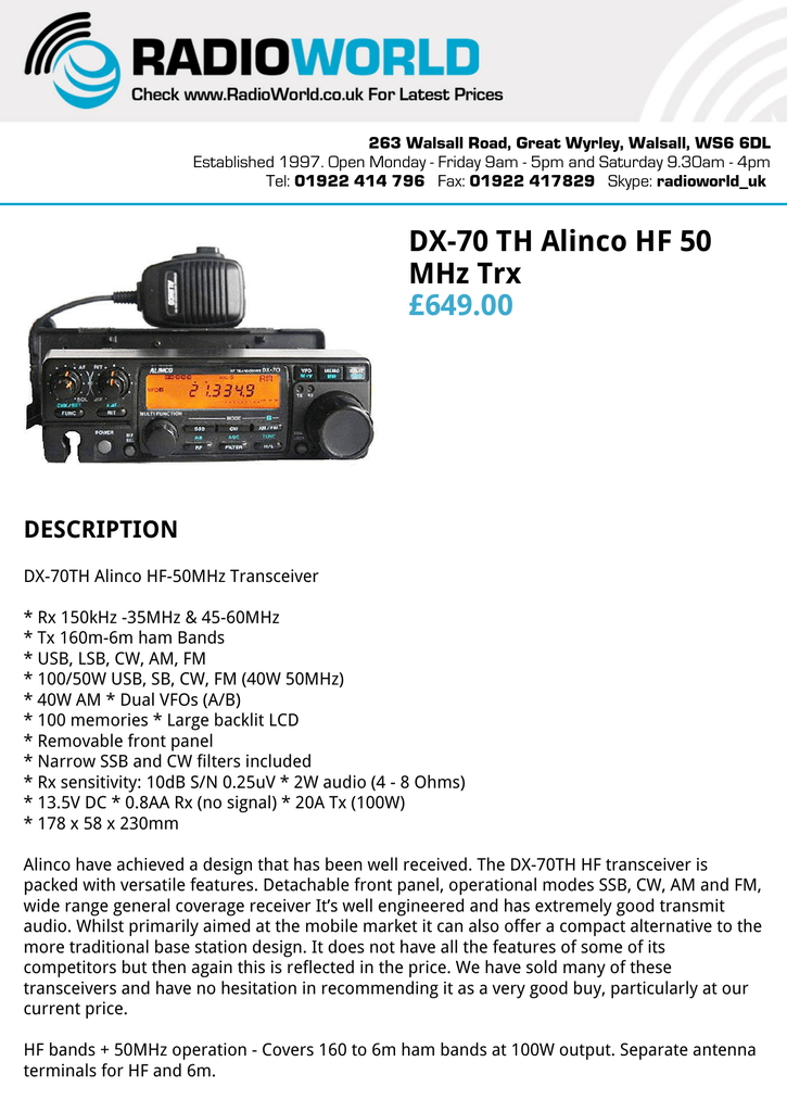 Dx 70 Th Alinco Hf 50 Mhz Trx Manualzz