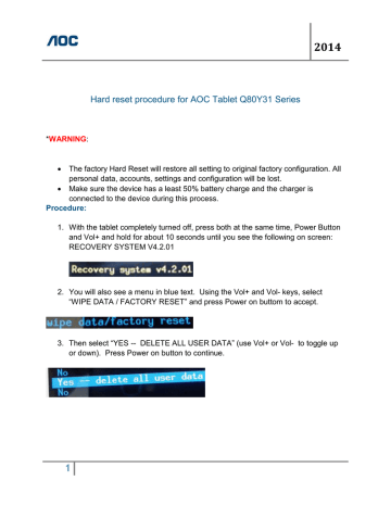 AOC Tablet Q80Y31 Series Hard Reset Procedure | Manualzz