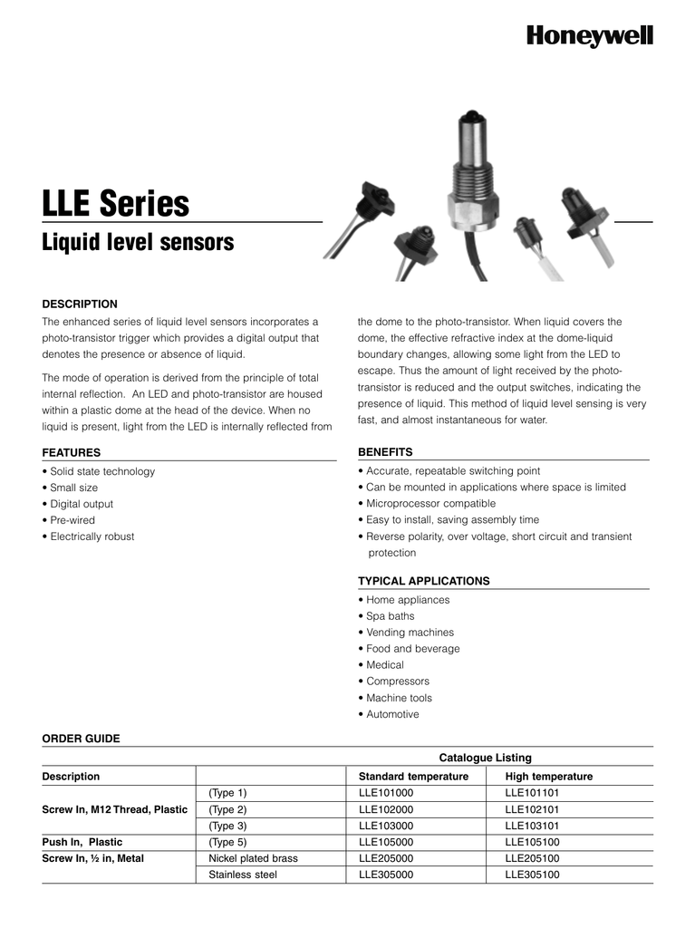 Honeywell LLE Series Liquid Level Sensors Datasheet Manualzz