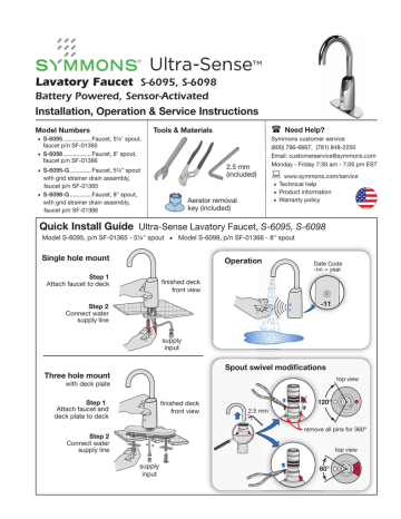 Symmons S-6095 Ultra-Sense Single Hole Touchless Bathroom Faucet installation Guide | Manualzz