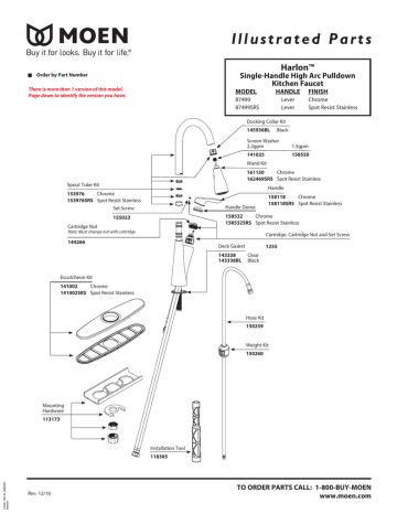 Moen Harlon 87499 and 87499SRS Kitchen Faucet Illustrated Parts | Manualzz