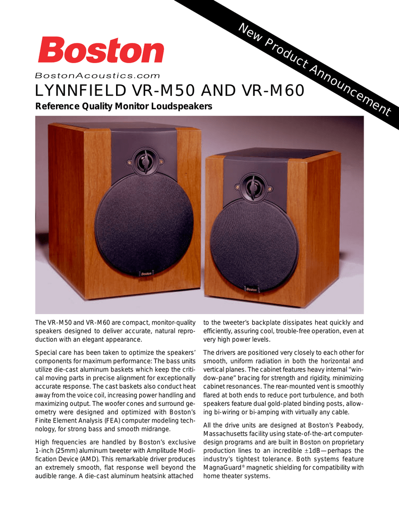 Boston Acoustics LYNNFIELD VR-M60 Specification Sheet | Manualzz