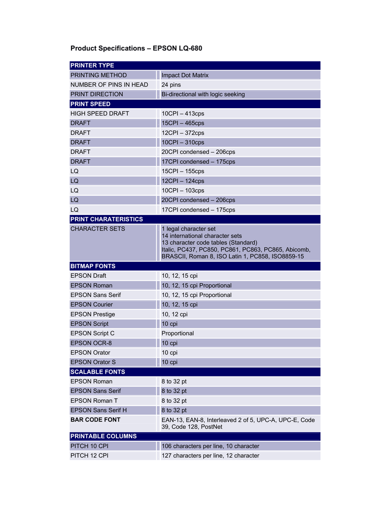 Product Specifications Epson Lq 680 Manualzz