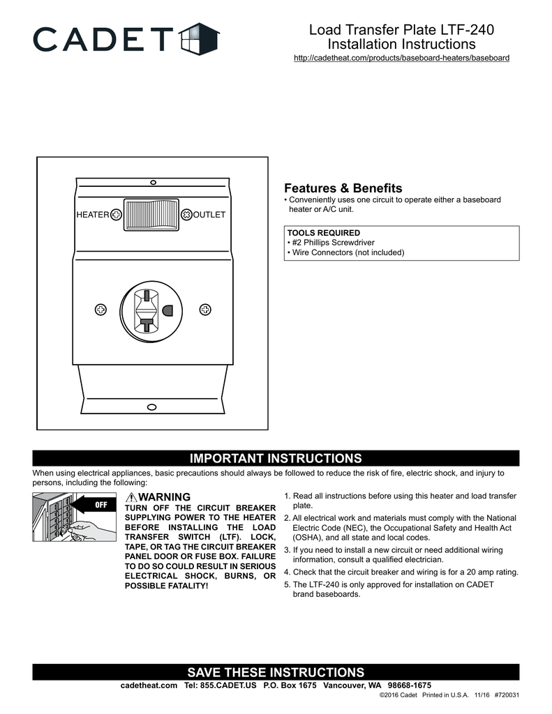 Electric Baseboard Load Transfer Ltf240 Installation Manualzz