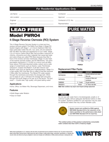 Watts PWRO4 Four Stage Reverse Osmosis System Specification | Manualzz