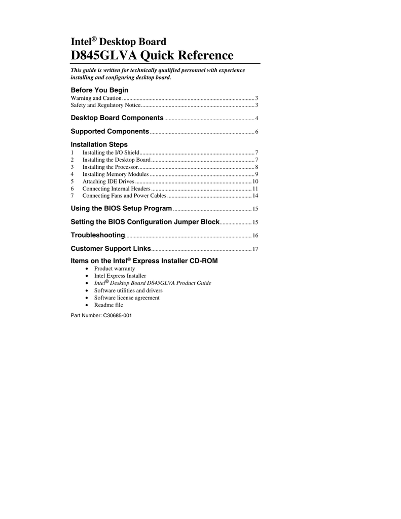 Intel Desktop Board D845glva Quick Reference Manualzz