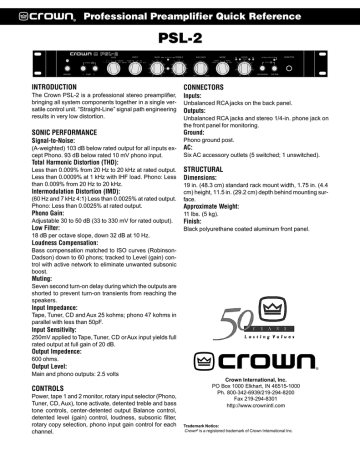 Crown PSL-2 Quick Reference Guide | Manualzz