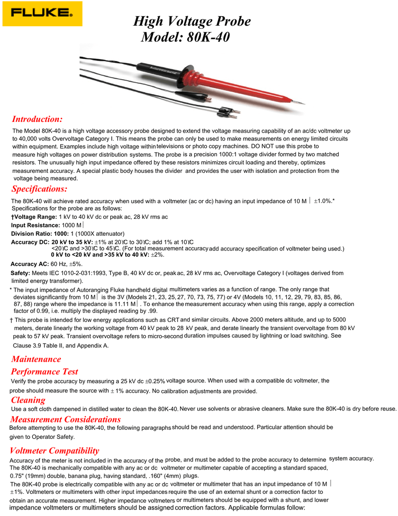 High Voltage Probe Model 80k 40 Manualzz