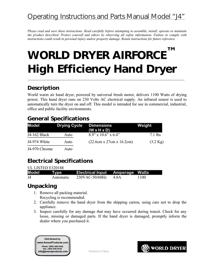 WORLD DRYER AIRFORCE™ High Efficiency Hand Dryer Manualzz