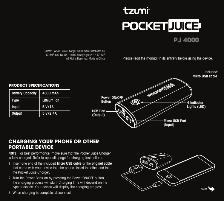 TZUMI® Pocket Juice Charger 4000 mAh Distributed Manualzz