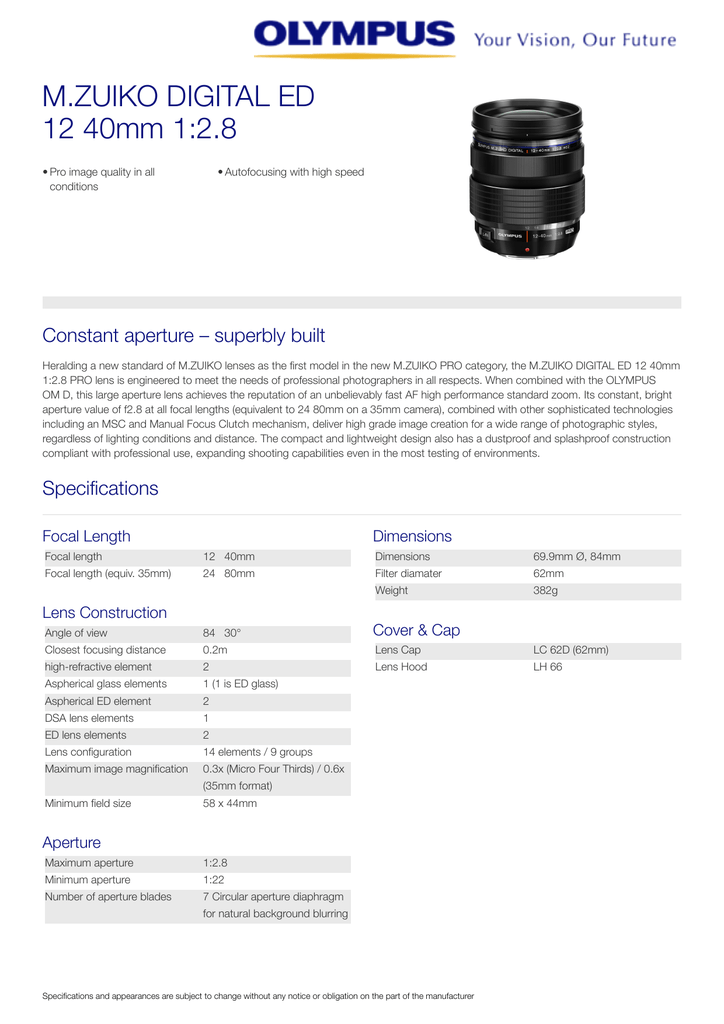 Olympus 12 40mm F2 8 Ed M Zuiko Pro Micro Manualzz