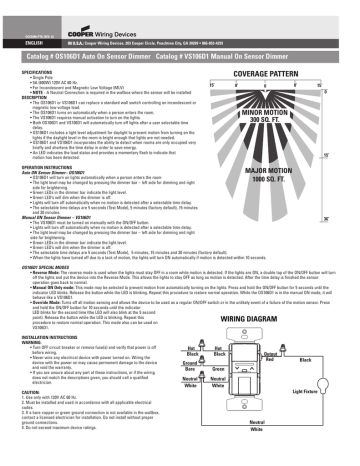 Eaton VS106D1-LA 600-Watt INC/H/MLV Vacancy Sensor with Dimmer, Light Almond Specification | Manualzz