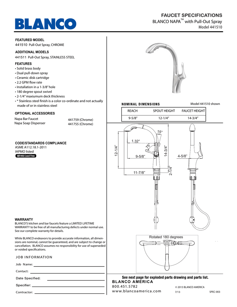 Blanco Napa With Pull Out Spray Faucet Specifications Manualzz