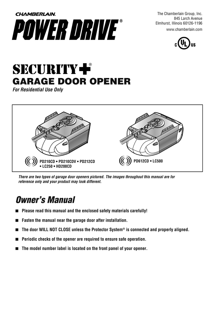Chamberlain Power Drive Security+ PD212CD Owner's Manual Manualzz