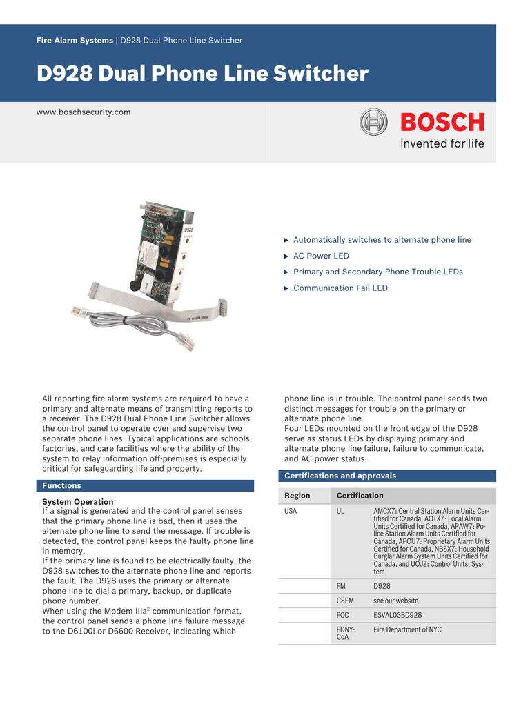 Bosch D928 Dual Phone Line Switcher 