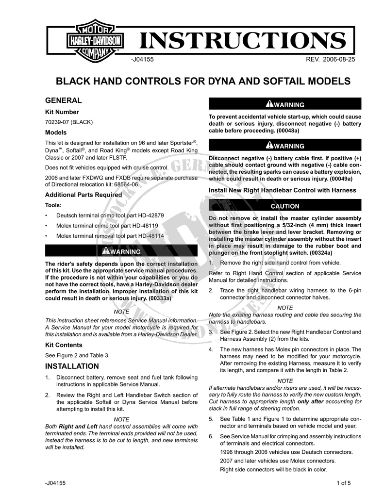 Black Hand Controls For Dyna And Softail H Manualzz