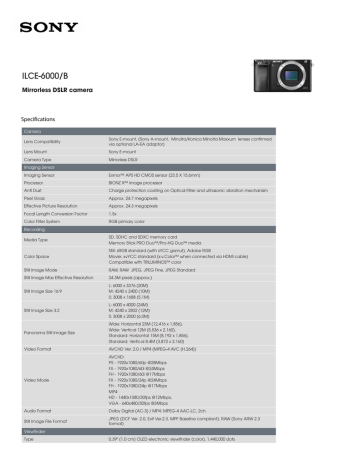 Sony ILCE-6000B Specifications Sheet | Manualzz