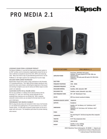 Klipsch ProMedia 2.1 Computer Speakers Spec sheet | Manualzz