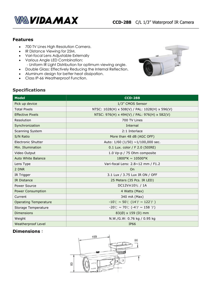 Ccd 2 C L 1 3 Waterproof Ir Camera Features Specifications Manualzz