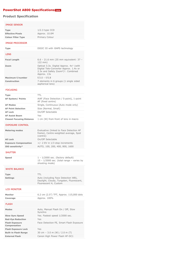 Canon Powershot A800 Specifications Manualzz