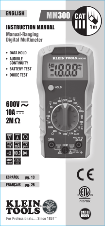Klein Tools MM300 Digital Multimeter, Manual-Ranging, 600V Instruction manual | Manualzz