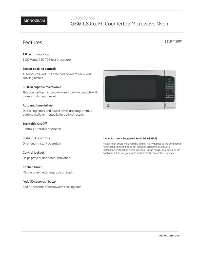 Ge 1 8 Cu Ft Countertop Microwave Oven Features Manualzz