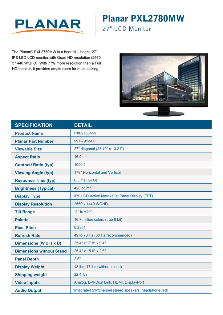 Planar PXL2780MW | Manualzz