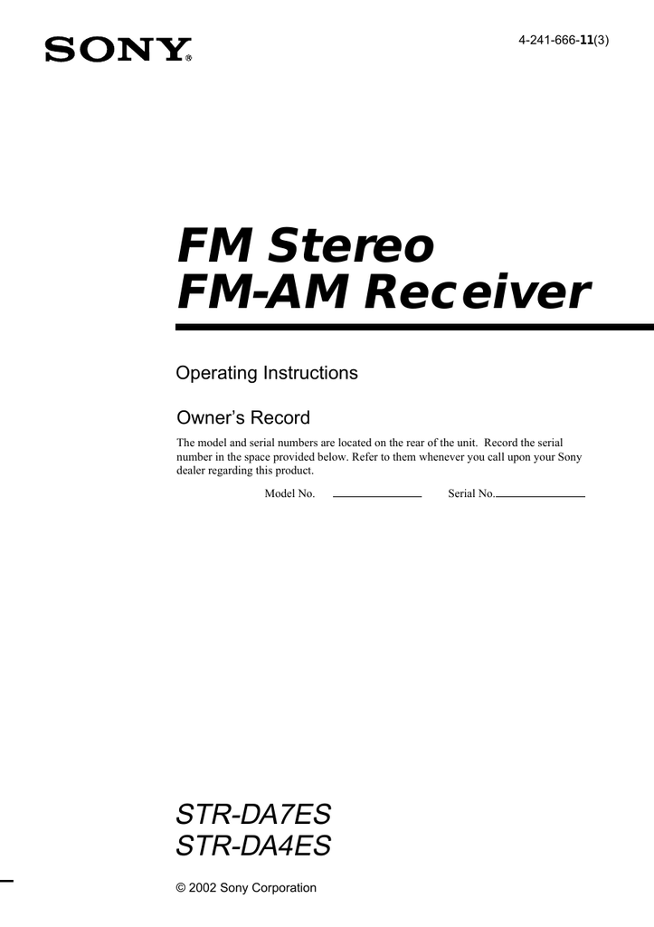 Sony STR-DA7ES Stereo Receiver User manual | Manualzz