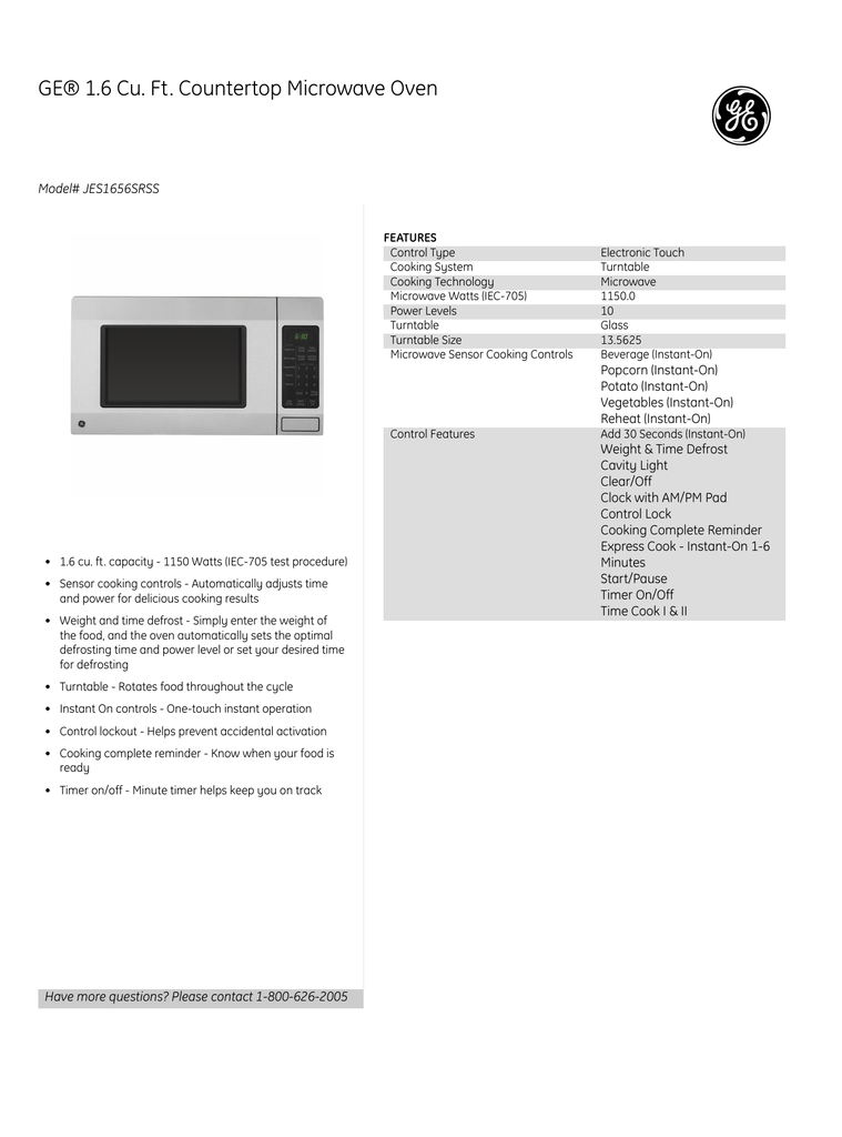 Ge 1 6 Cu Ft Countertop Microwave Oven Manualzz Com