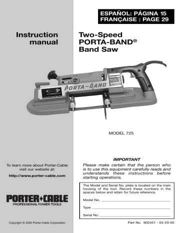 Porter-Cable Two-Speed 725 Band Saw Instruction Manual | Manualzz