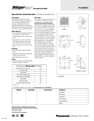 Panasonic FV-08WQ1 WhisperWall 1.1-Sone 