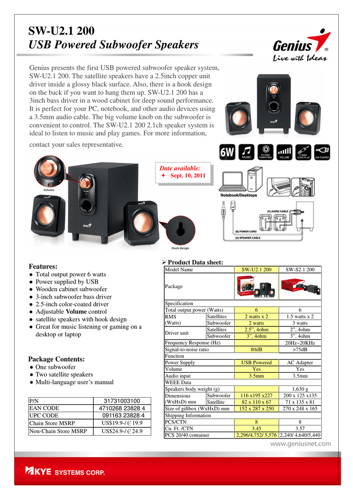 Genius SW-S2.1 200 2.1CH Speaker System 6 Watts with Subwoofer 