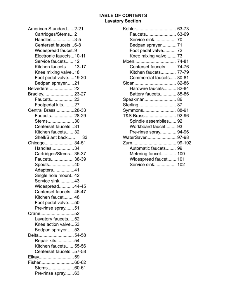 Table Of Contents Lavatory Section American Standard 2