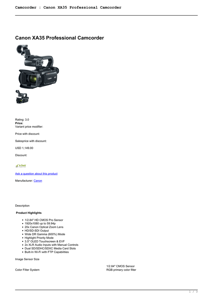 Camcorder Canon Xa35 Professional Camcorder Manualzz