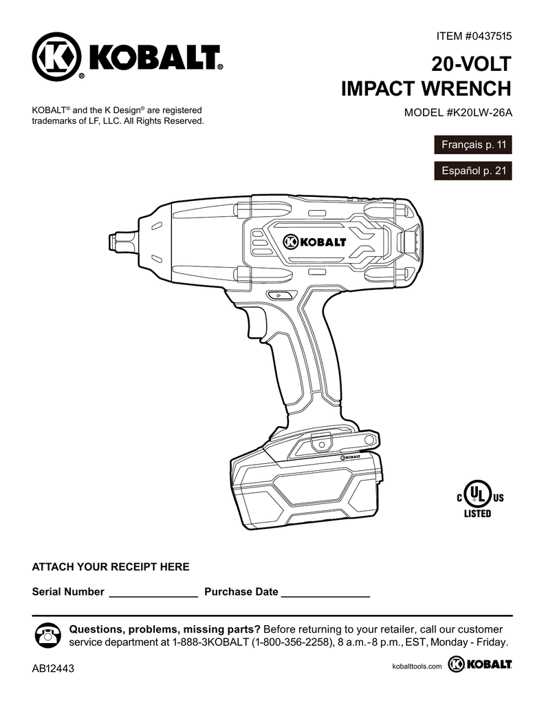 Operating Instructions. Kobalt 0437515 K20LW 26A Manualzz